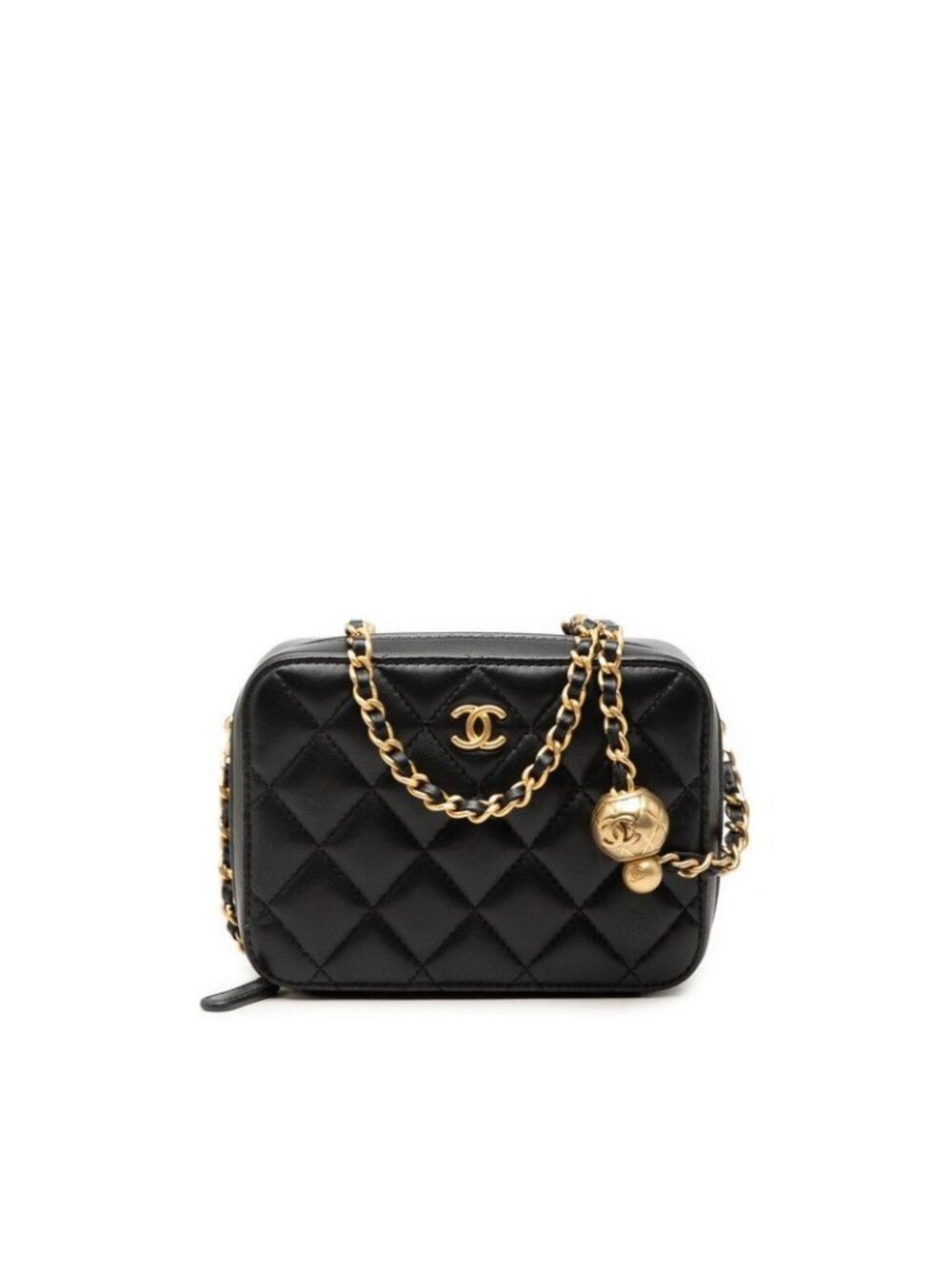 Chanel CC Logo Quilted Camera Bag Chain Black Gold Lambskin